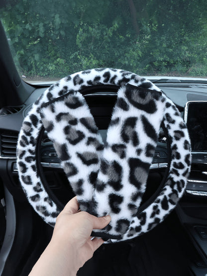 Car Interior Set With Plush Leopard Print 3 Piecessteering Wheel Cover And Seat Belt Shoulder Protection Decoration Suitable For Women