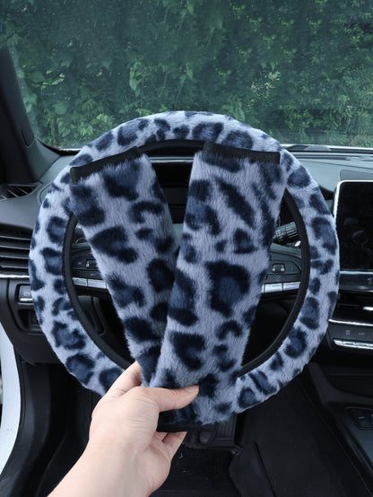 Car Interior Set With Plush Leopard Print 3 Piecessteering Wheel Cover And Seat Belt Shoulder Protection Decoration Suitable For Women