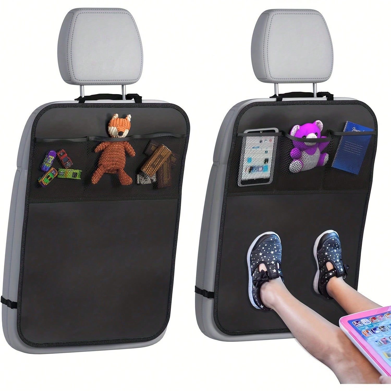 Car Rear Seat Cover + 3 Pockets Storage Organizer, 2 Packs Of X- Large Waterproof Kick Pad Rear Seat Protector, Car Seat Back Protector, To Protect The Vehicle From Dirt, Mud And Scratches