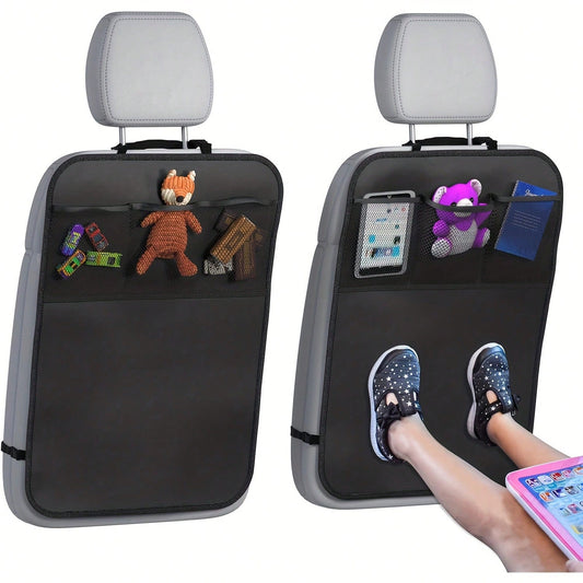 Car Rear Seat Cover + 3 Pockets Storage Organizer, 2 Packs Of X- Large Waterproof Kick Pad Rear Seat Protector, Car Seat Back Protector, To Protect The Vehicle From Dirt, Mud And Scratches