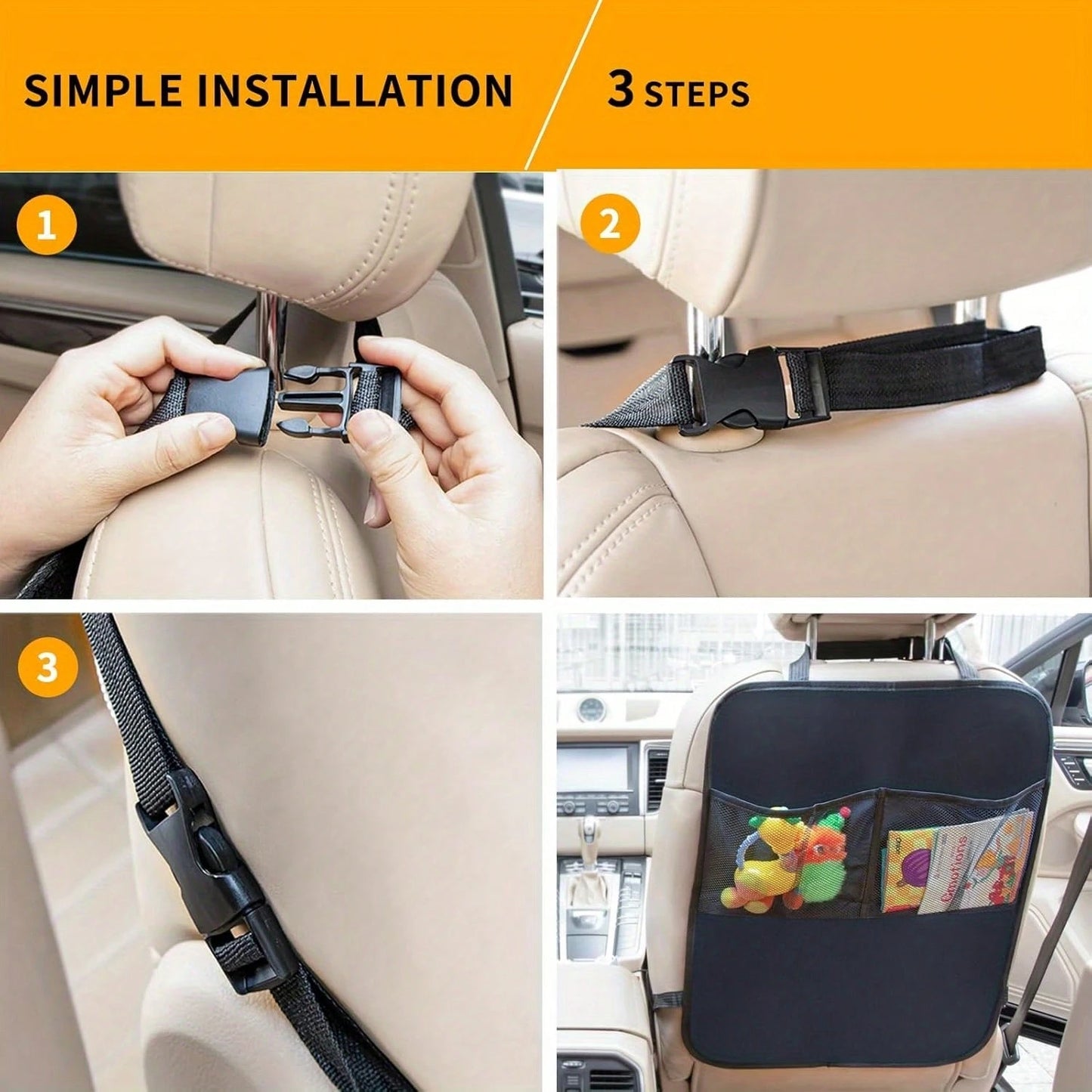 Car Rear Seat Cover + 3 Pockets Storage Organizer, 2 Packs Of X- Large Waterproof Kick Pad Rear Seat Protector, Car Seat Back Protector, To Protect The Vehicle From Dirt, Mud And Scratches