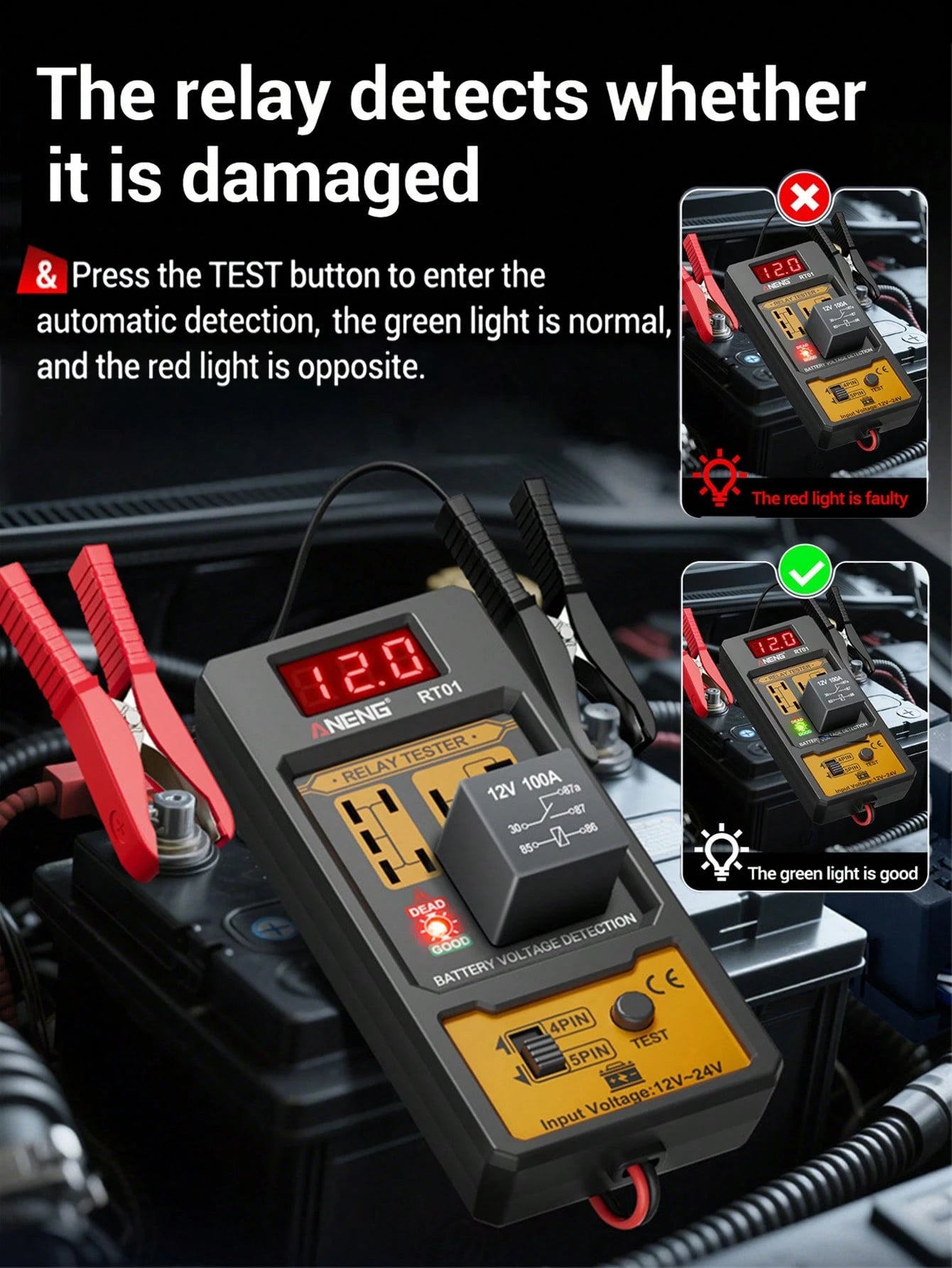 Car Relay Tester Voltage Tester Digital Relay Detector Universal 11-25V Automotive Car Battery Checker LED Indicator Light Relay Diagnostic 4/5 Foot Socket Relay Analysis