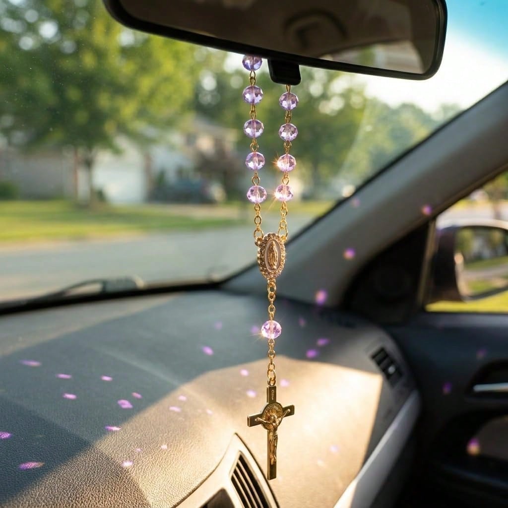 Car Rosary For Vehicle, Virgin Mary Rosary For Catholic Devotion, Religious Gift For Car Interior Accessory