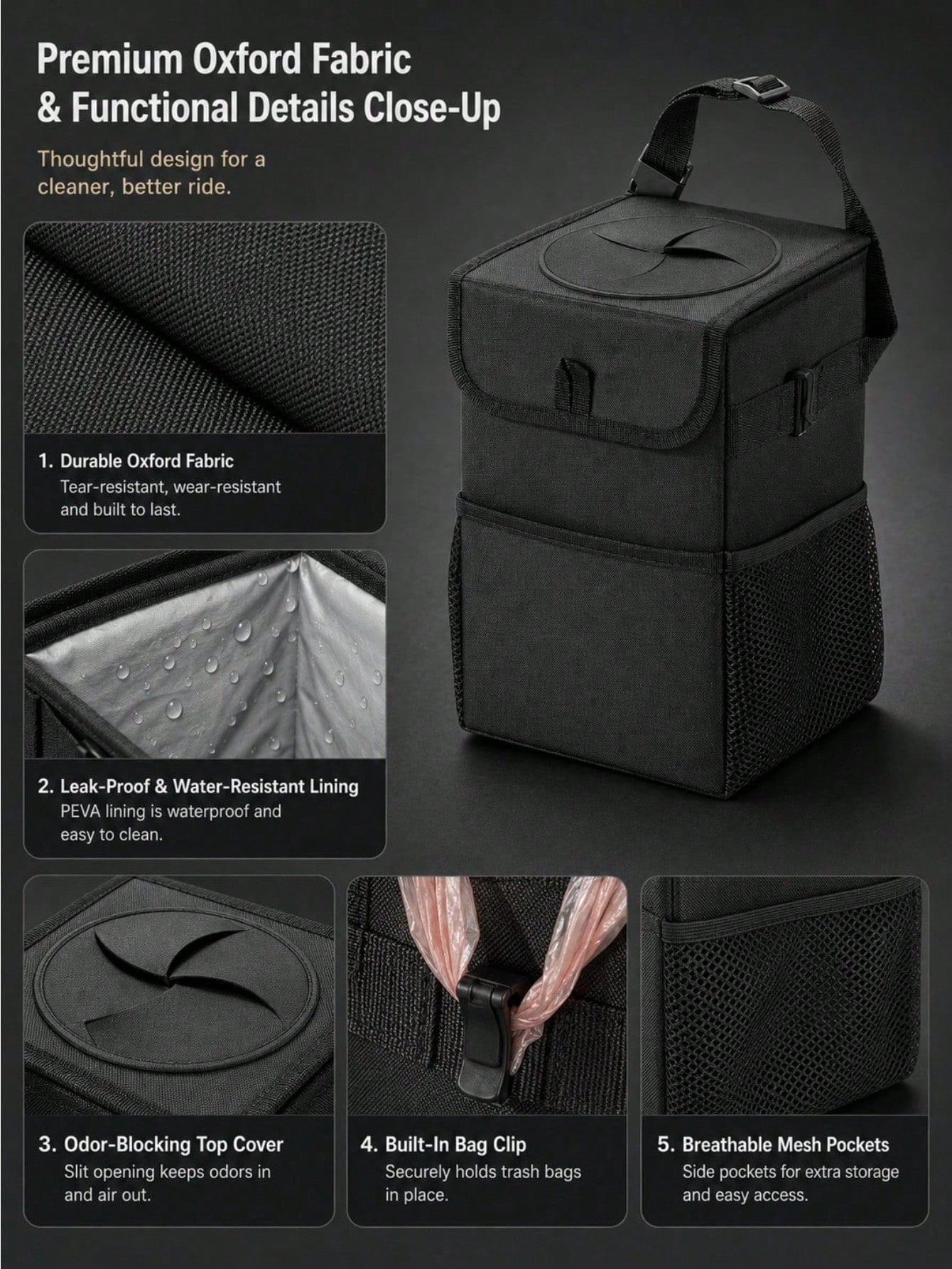 Car Trash Can With Lid And Storage Bag- Hanging Car Trash Bag, Leak-Proof Car Trash Can, Multi-Functional Car Trash Can For Cars, SUVs And Trucks (2.1 Gallons/8 Liters)