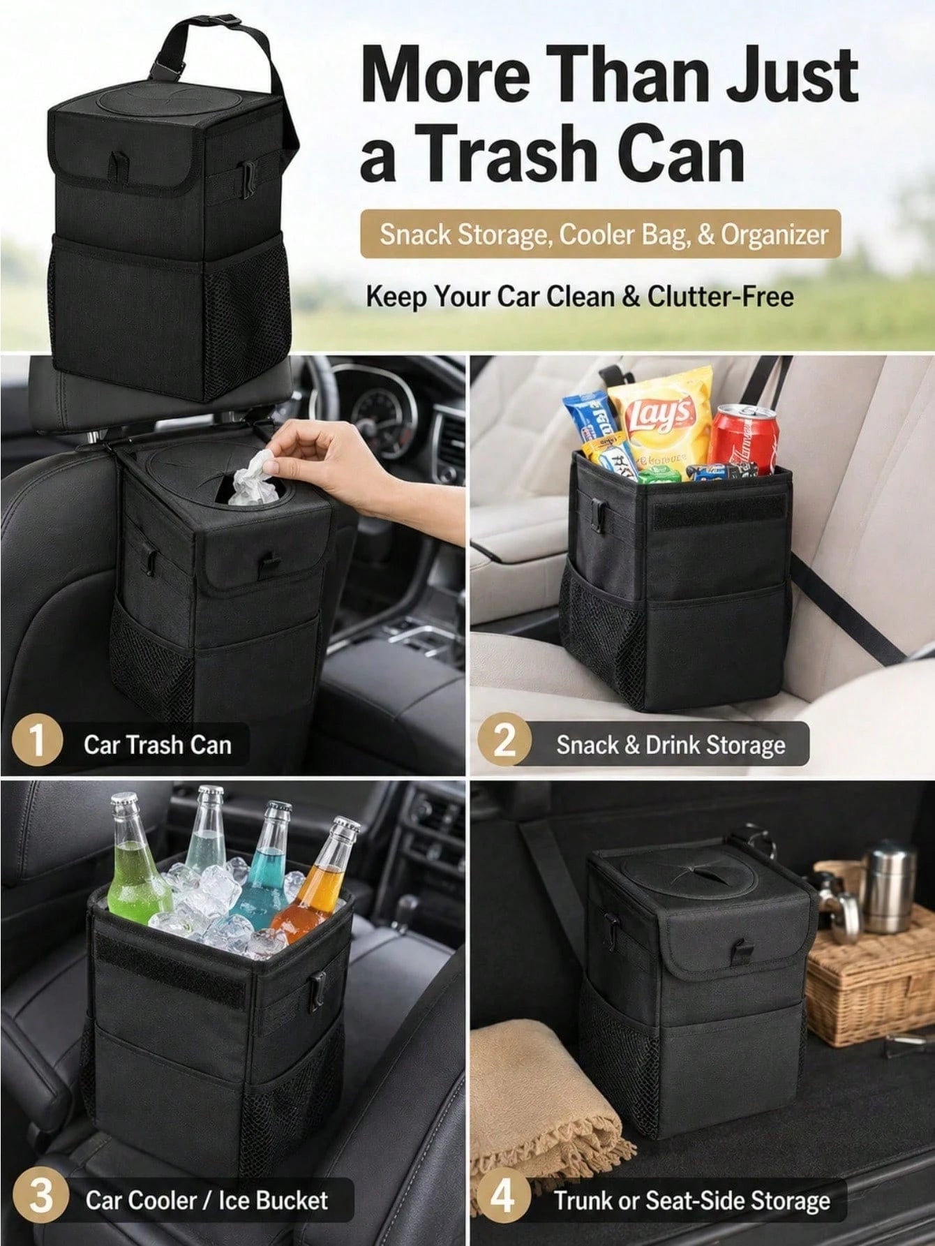 Car Trash Can With Lid And Storage Bag- Hanging Car Trash Bag, Leak-Proof Car Trash Can, Multi-Functional Car Trash Can For Cars, SUVs And Trucks (2.1 Gallons/8 Liters)