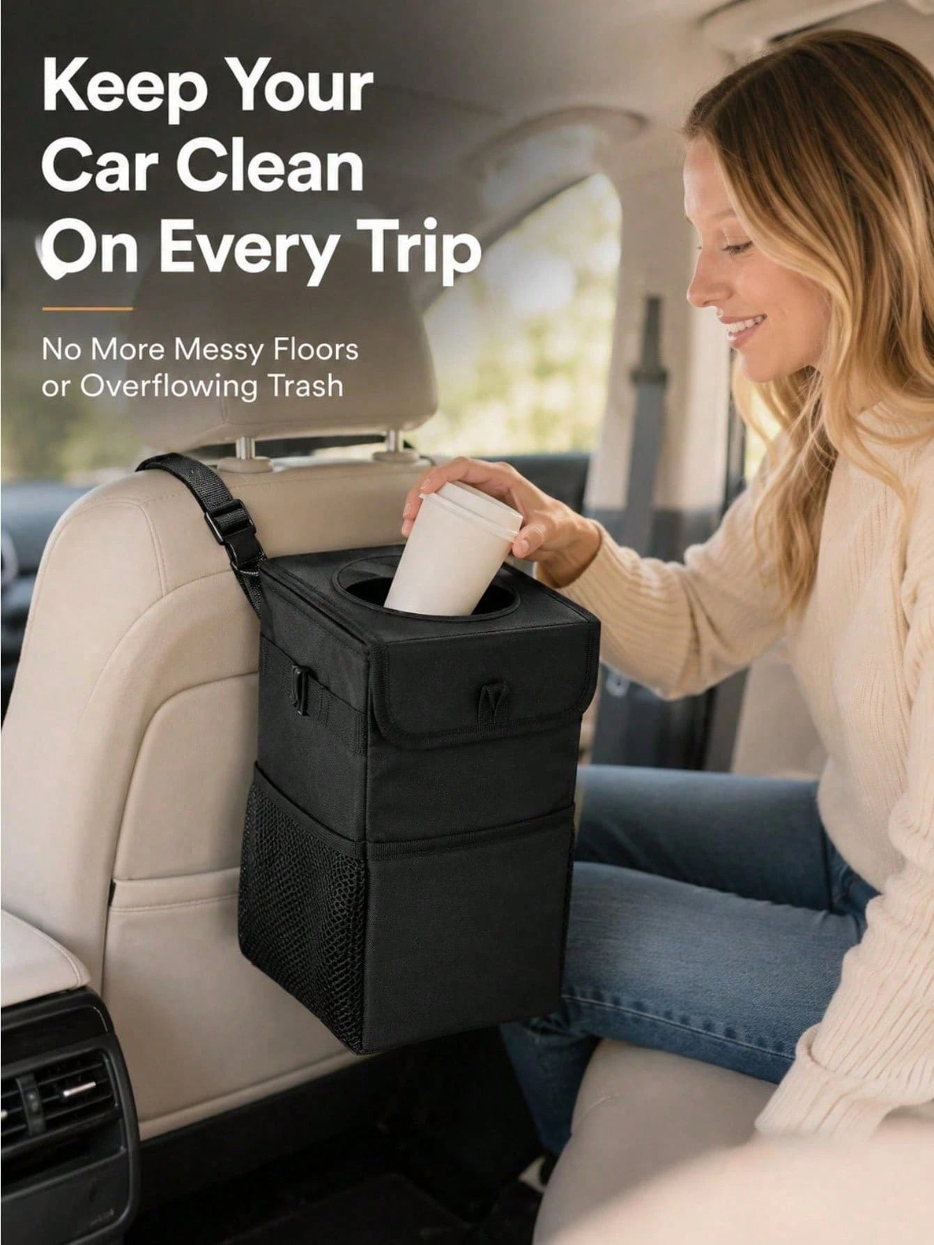 Car Trash Can With Lid And Storage Bag- Hanging Car Trash Bag, Leak-Proof Car Trash Can, Multi-Functional Car Trash Can For Cars, SUVs And Trucks (2.1 Gallons/8 Liters)
