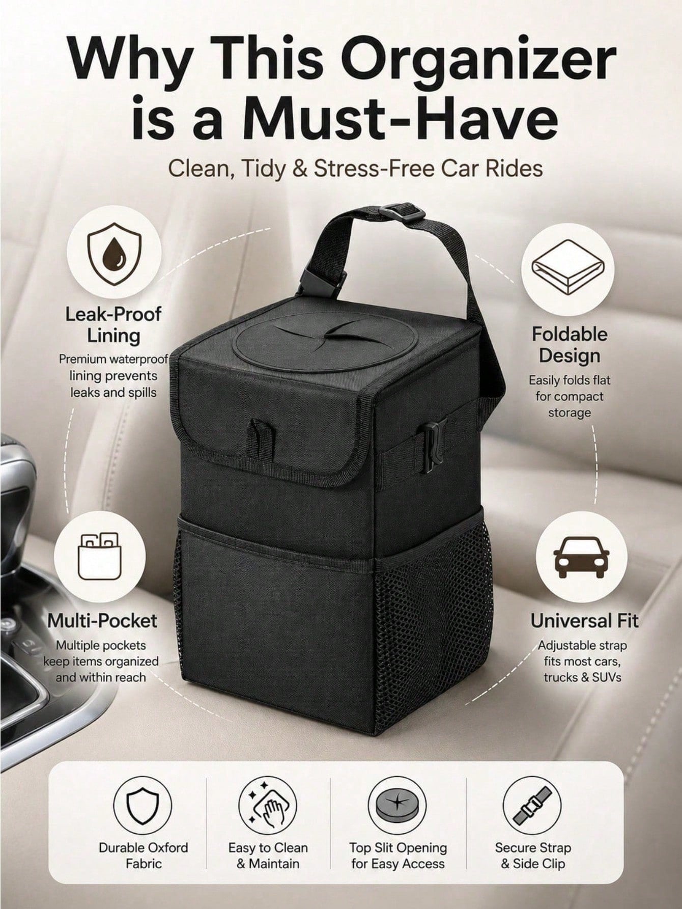 Car Trash Can With Lid And Storage Bag- Hanging Car Trash Bag, Leak-Proof Car Trash Can, Multi-Functional Car Trash Can For Cars, SUVs And Trucks (2.1 Gallons/8 Liters)