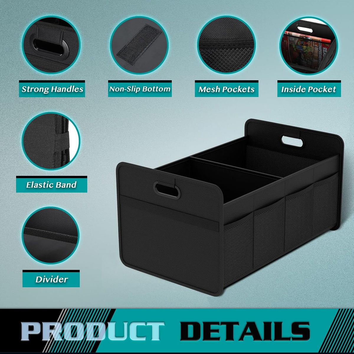 Car Trunk Organizer, Foldable Organizer For Car, Automotive Consoles & Organizers, Storage With Reinforced Handles (Small, Black)