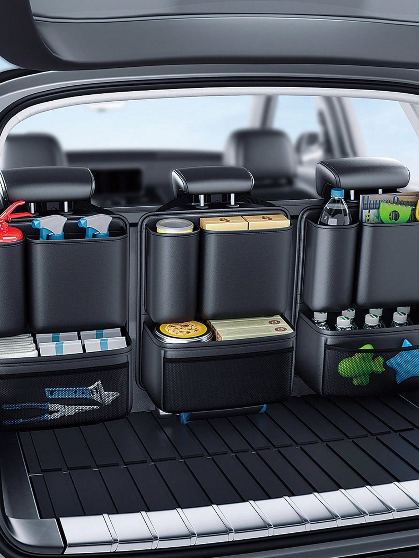 Car Trunk Organizer Hanging Bag- Multi-Compartment Backseat Pocket, Suitable For SUV, Hatchback And Sedan, Waterproof And Durable Trunk Storage Box With Adjustable Buckles And Strong Hook And Loop, B