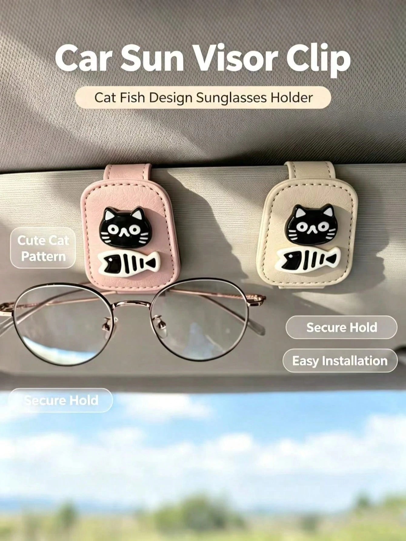 Cartoon Black Cat & Fish Leather Car Visor Glasses Holder, Car Sun Visor Fashion Glasses & Ticket Storage Clip, Interior Black Cat Fish Bone Car Visor Glasses Clip, Pink Beige White Leather Minimalist