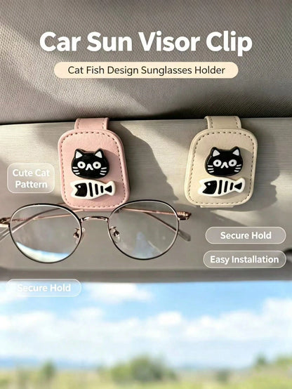 Cartoon Black Cat & Fish Leather Car Visor Glasses Holder, Car Sun Visor Fashion Glasses & Ticket Storage Clip, Interior Black Cat Fish Bone Car Visor Glasses Clip, Pink Beige White Leather Minimalist