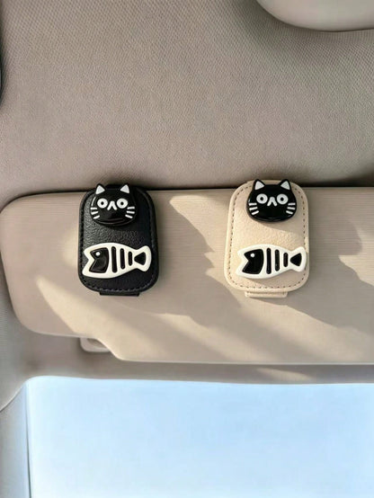 Cartoon Black Cat & Fish Leather Car Visor Glasses Holder, Car Sun Visor Fashion Glasses & Ticket Storage Clip, Interior Black Cat Fish Bone Car Visor Glasses Clip, Pink Beige White Leather Minimalist