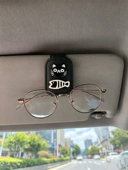 Cartoon Black Cat & Fish Leather Car Visor Glasses Holder, Car Sun Visor Fashion Glasses & Ticket Storage Clip, Interior Black Cat Fish Bone Car Visor Glasses Clip, Pink Beige White Leather Minimalist