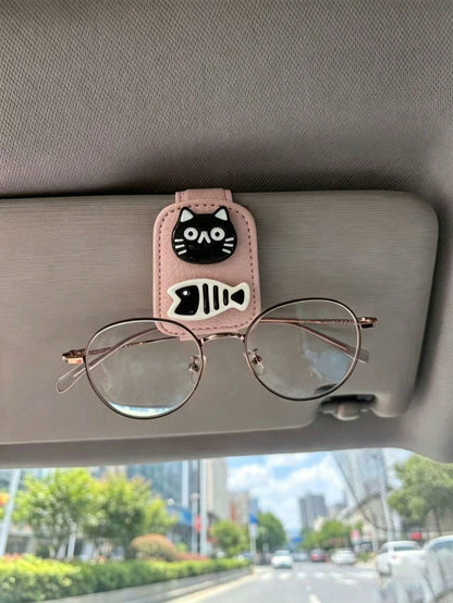 Cartoon Black Cat & Fish Leather Car Visor Glasses Holder, Car Sun Visor Fashion Glasses & Ticket Storage Clip, Interior Black Cat Fish Bone Car Visor Glasses Clip, Pink Beige White Leather Minimalist