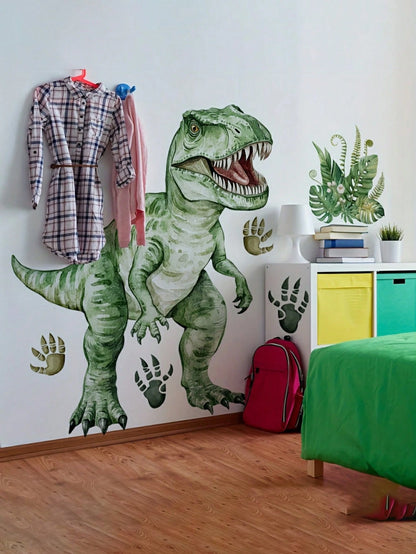 Cartoon Hand-Painted Dinosaur & Plant Wall Stickers, Nursery Bedroom Decor, Kindergarten Wall Decoration, Living Room Background Wall Home Decals
