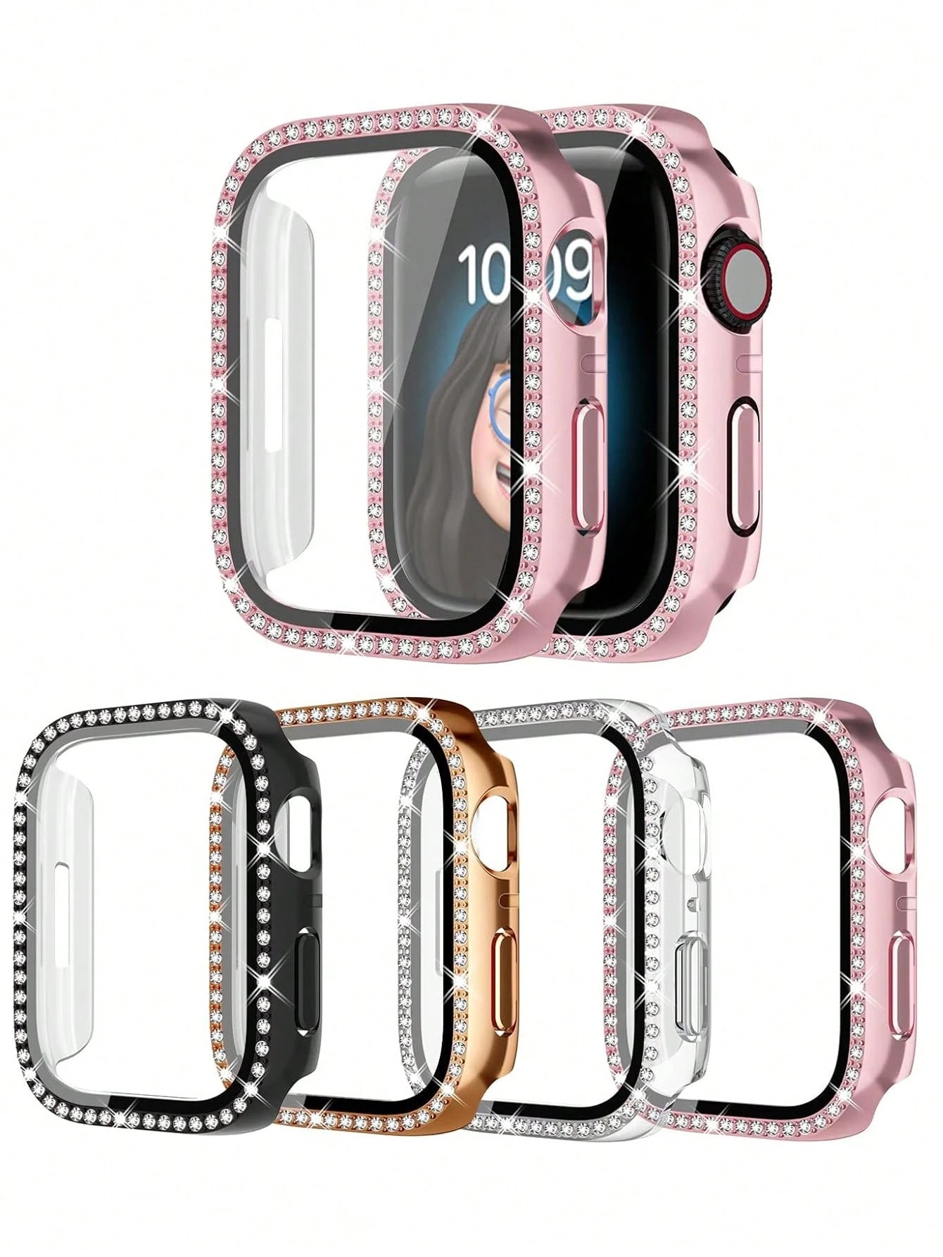 Case Black Silver Rose Gold Blue Men Women Universal 40mm 41mm 42mm 44mm 45mm 46mm 49mm Protective Case PC Hard Material With Rhinestone Right Angle Edge Frame And Screen Protector 2-In-1 Protective P