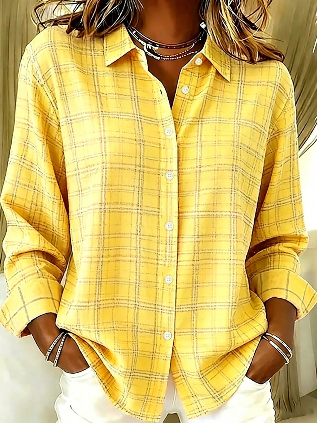 Casual Fashion Plaid Print Women's Plus Size Long Sleeve Button-Up Shirt Blouse Yellow