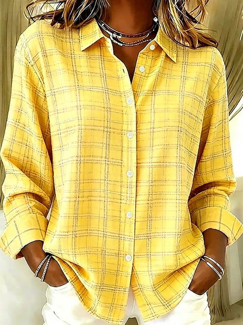 Casual Fashion Plaid Print Women's Plus Size Long Sleeve Button-Up Shirt Blouse Yellow