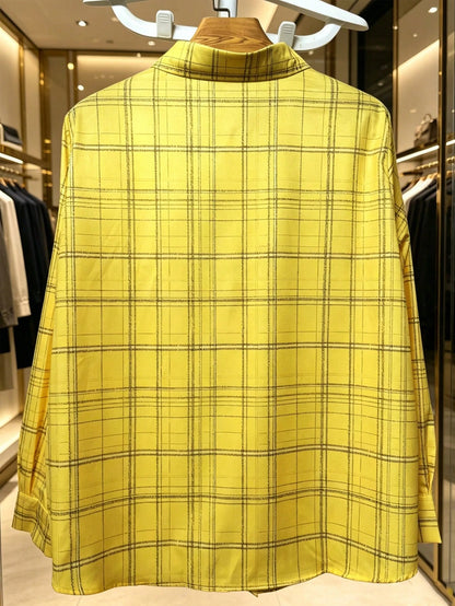 Casual Fashion Plaid Print Women's Plus Size Long Sleeve Button-Up Shirt Blouse Yellow