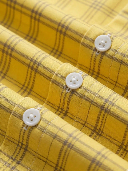 Casual Fashion Plaid Print Women's Plus Size Long Sleeve Button-Up Shirt Blouse Yellow