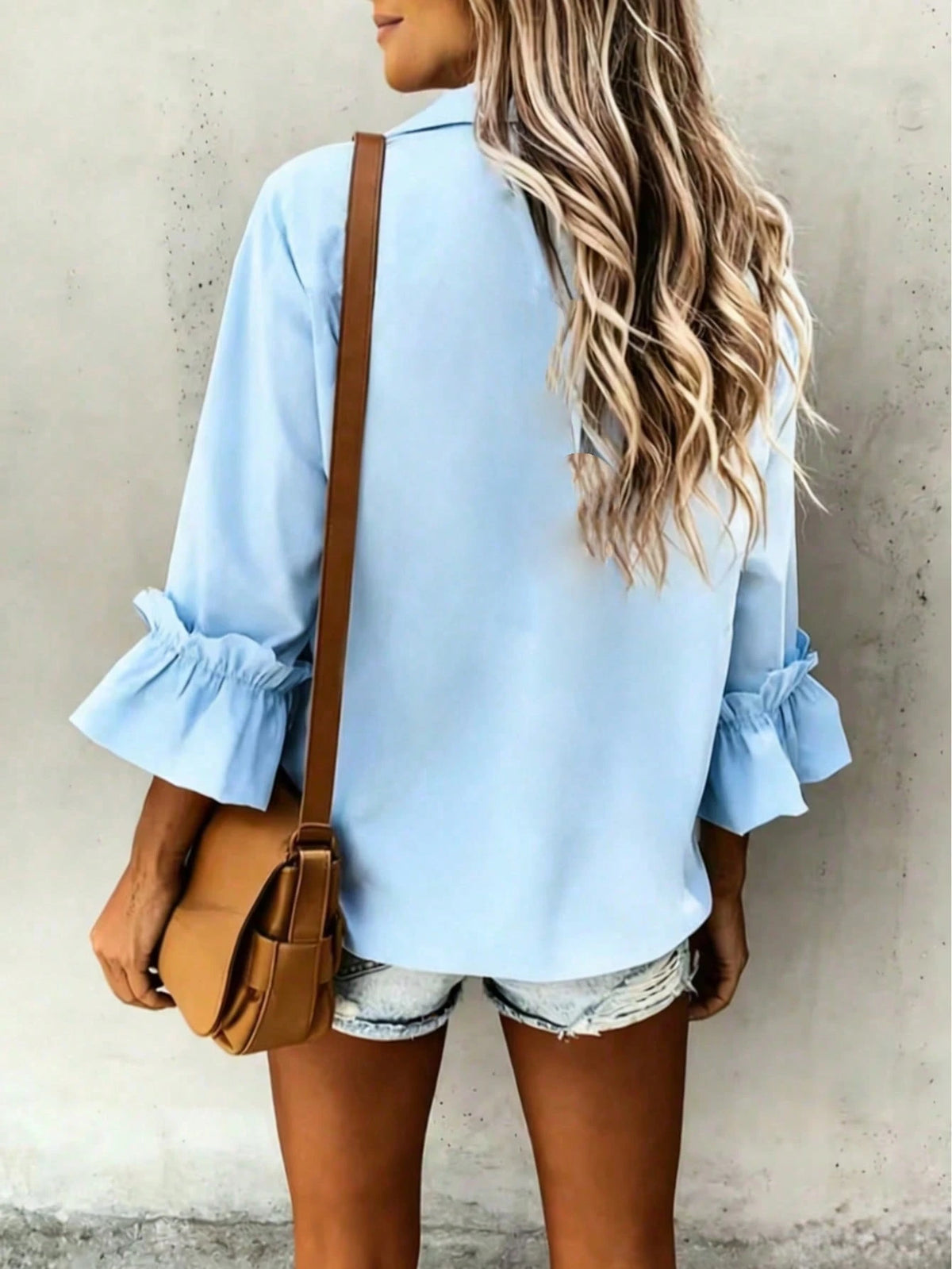 Casual Minimalist Charming Fashion 3/4 Sleeve Button Collar Shirt, Minimalist 3/4 Sleeve Ruffle Cuff Blouse, Women Spring