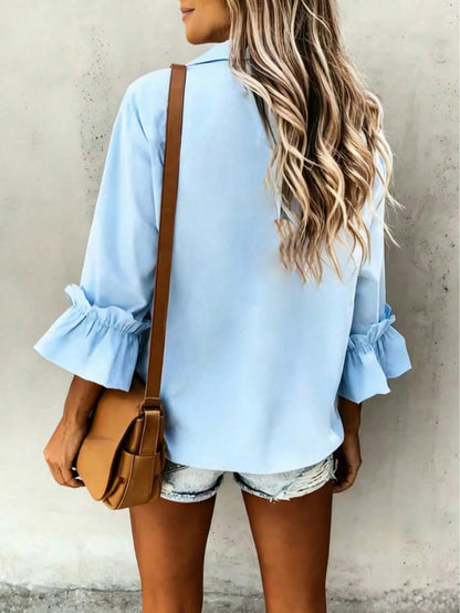 Casual Minimalist Charming Fashion 3/4 Sleeve Button Collar Shirt, Minimalist 3/4 Sleeve Ruffle Cuff Blouse, Women Spring