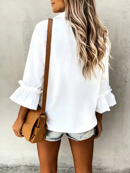 Casual Minimalist Charming Fashion 3/4 Sleeve Button Collar Shirt, Minimalist 3/4 Sleeve Ruffle Cuff Blouse, Women Spring