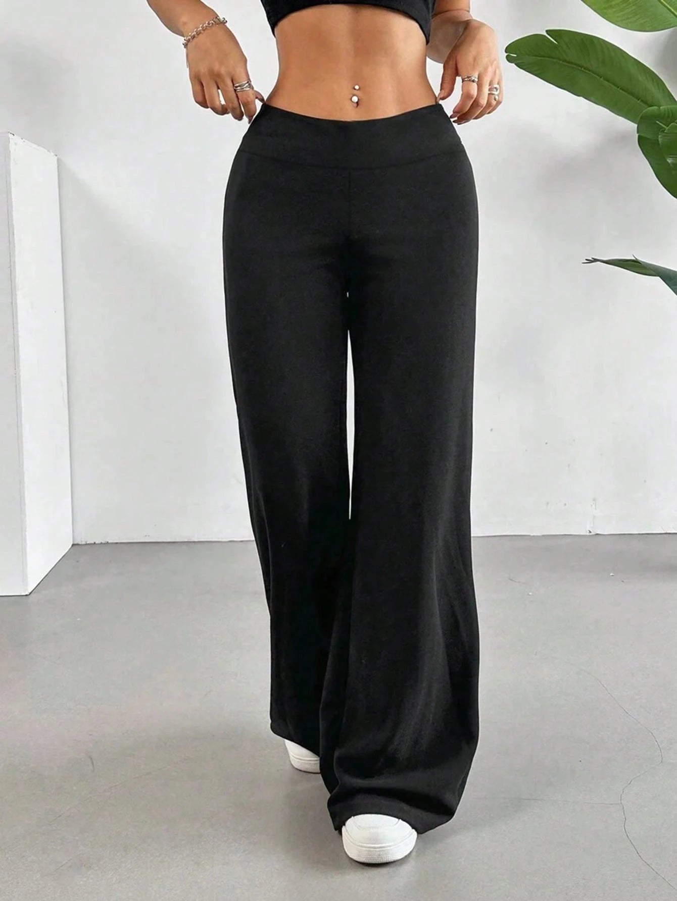 Casual Versatile Solid Color Wide Leg Pants Black