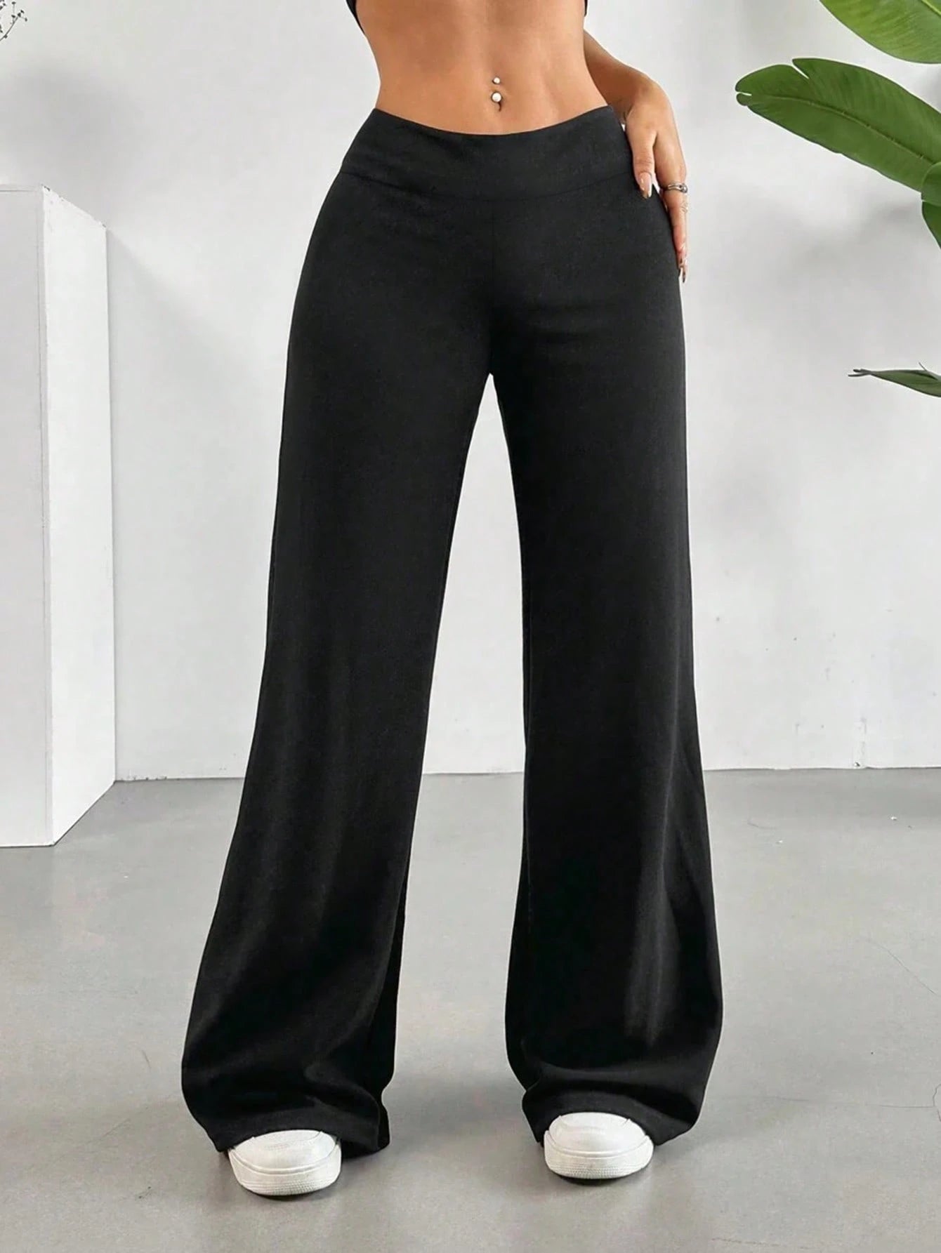 Casual Versatile Solid Color Wide Leg Pants Black