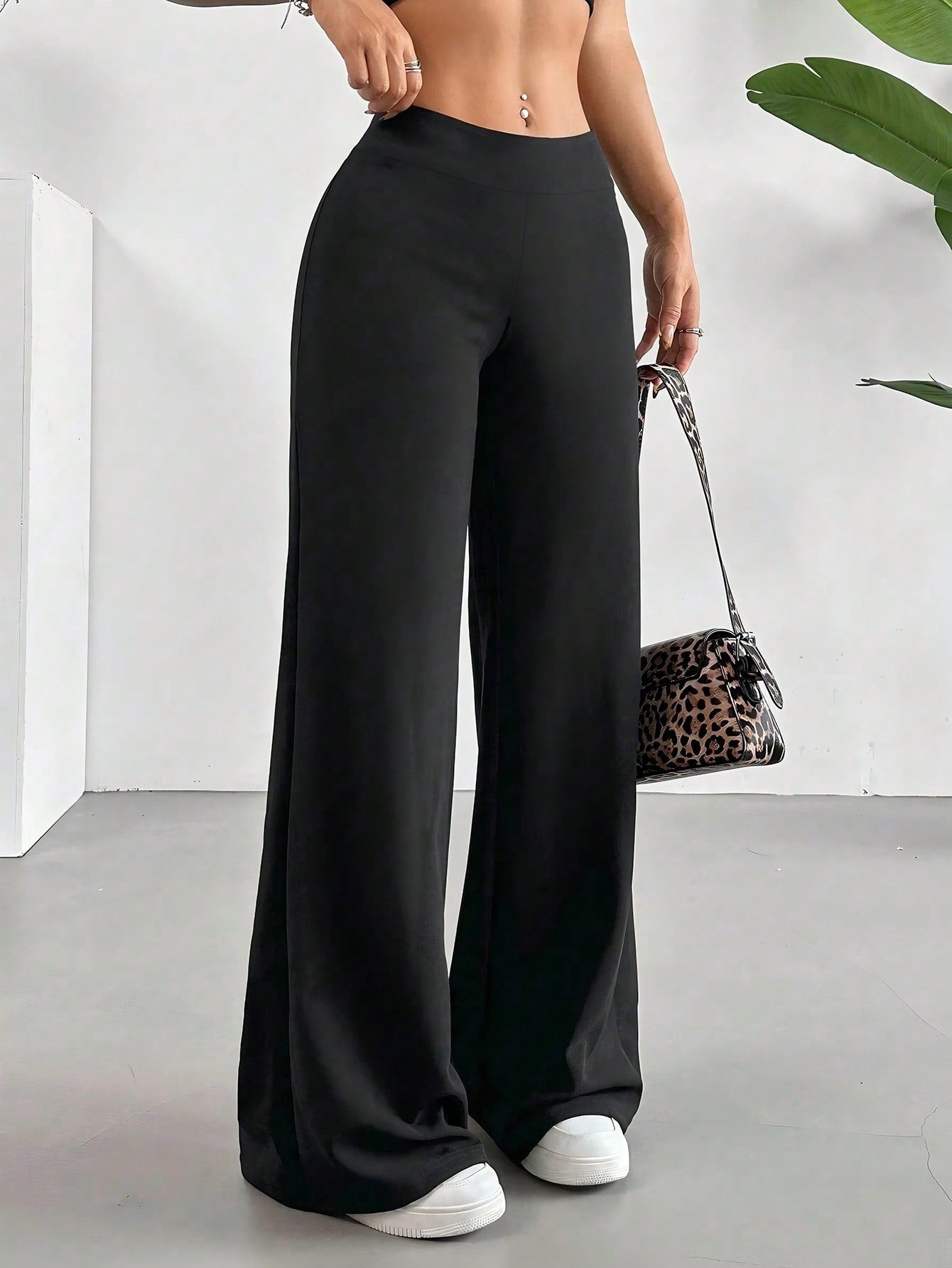 Casual Versatile Solid Color Wide Leg Pants Black
