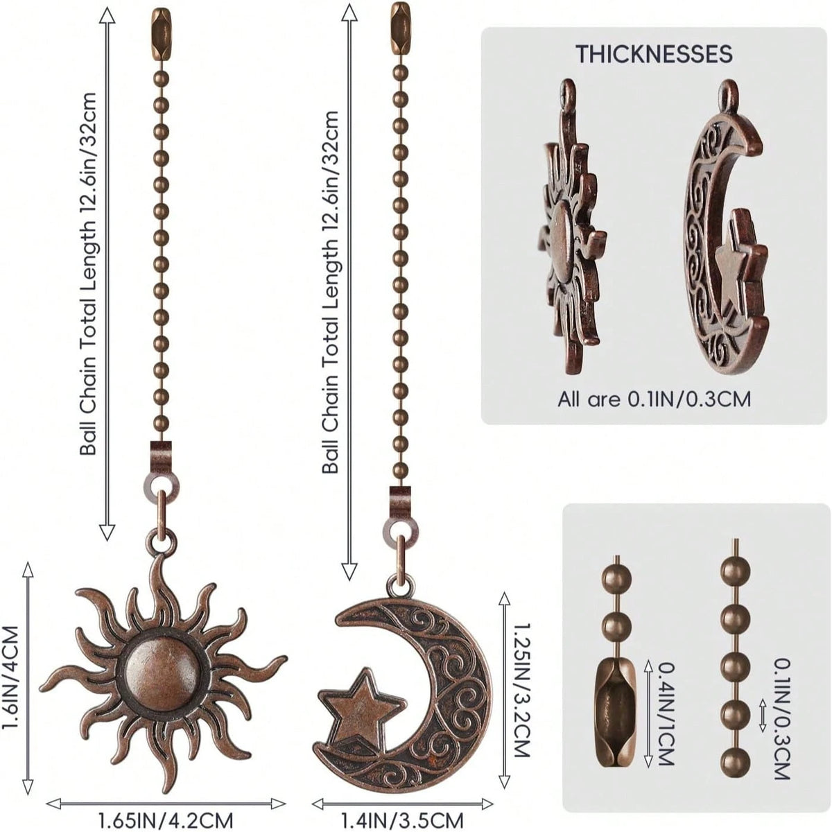 Ceiling Fan Pull Chain Set, 4pcs Moon Pattern Pull Chain Extension, Ceiling Fan Pull Chain Pendant, 12 Inch Ceiling Fan Chain Extender With Ball Fan Chain Connector