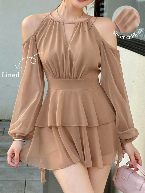 Celisse Women's Elegant Solid Color Off-Shoulder Lantern Sleeve Casual Dress