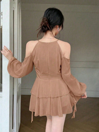 Celisse Women's Elegant Solid Color Off-Shoulder Lantern Sleeve Casual Dress