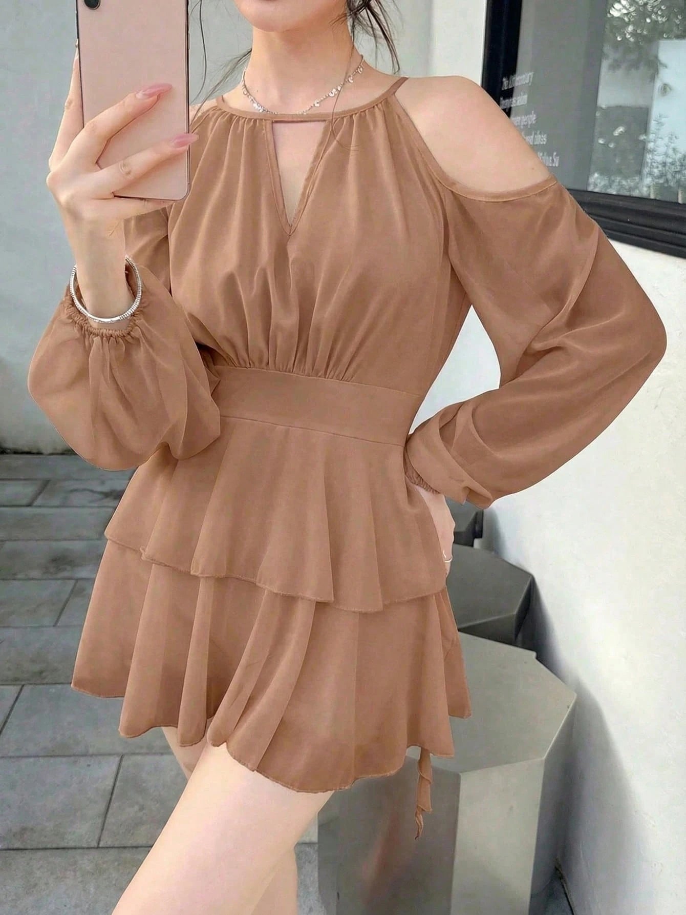 Celisse Women's Elegant Solid Color Off-Shoulder Lantern Sleeve Casual Dress