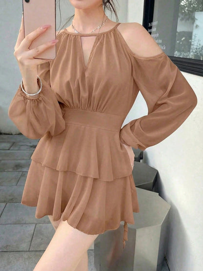 Celisse Women's Elegant Solid Color Off-Shoulder Lantern Sleeve Casual Dress