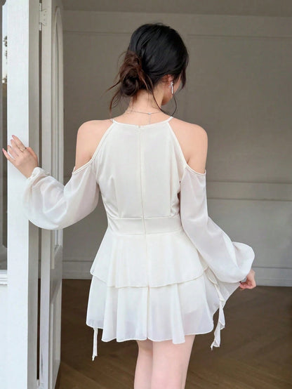 Celisse Women's Elegant Solid Color Off-Shoulder Lantern Sleeve Casual Dress