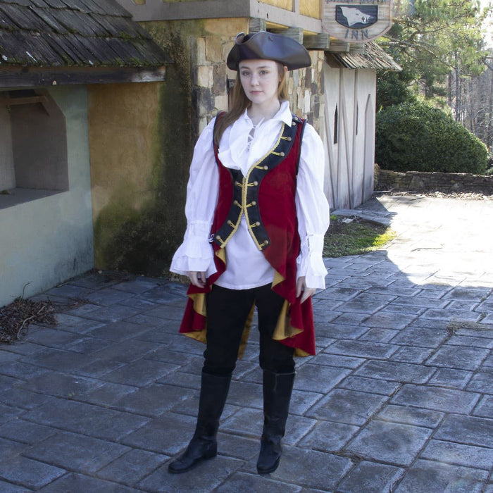 red corduroy sleeveless coat with pleated duck-tail, faux black leather collar and shoulder accents, gold buttons and trim