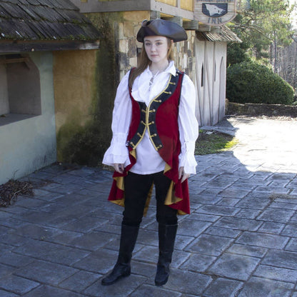 red corduroy sleeveless coat with pleated duck-tail, faux black leather collar and shoulder accents, gold buttons and trim