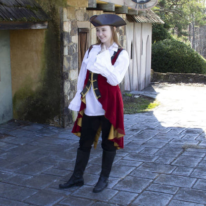 red corduroy sleeveless coat with pleated duck-tail, faux black leather collar and shoulder accents, gold buttons and trim