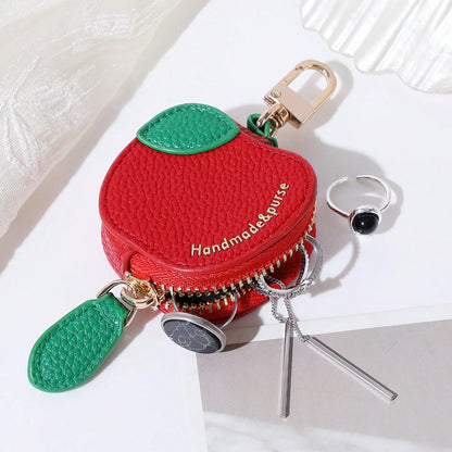 CHARM INFINITE Sweet Red Apple Mini Leather Keychain Bag With Leaf & Gold Embossed Text, Zipper Earphone Coin Storage Cute Handbag Charm For Daily Outfit