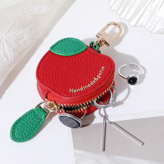 CHARM INFINITE Sweet Red Apple Mini Leather Keychain Bag With Leaf & Gold Embossed Text, Zipper Earphone Coin Storage Cute Handbag Charm For Daily Outfit