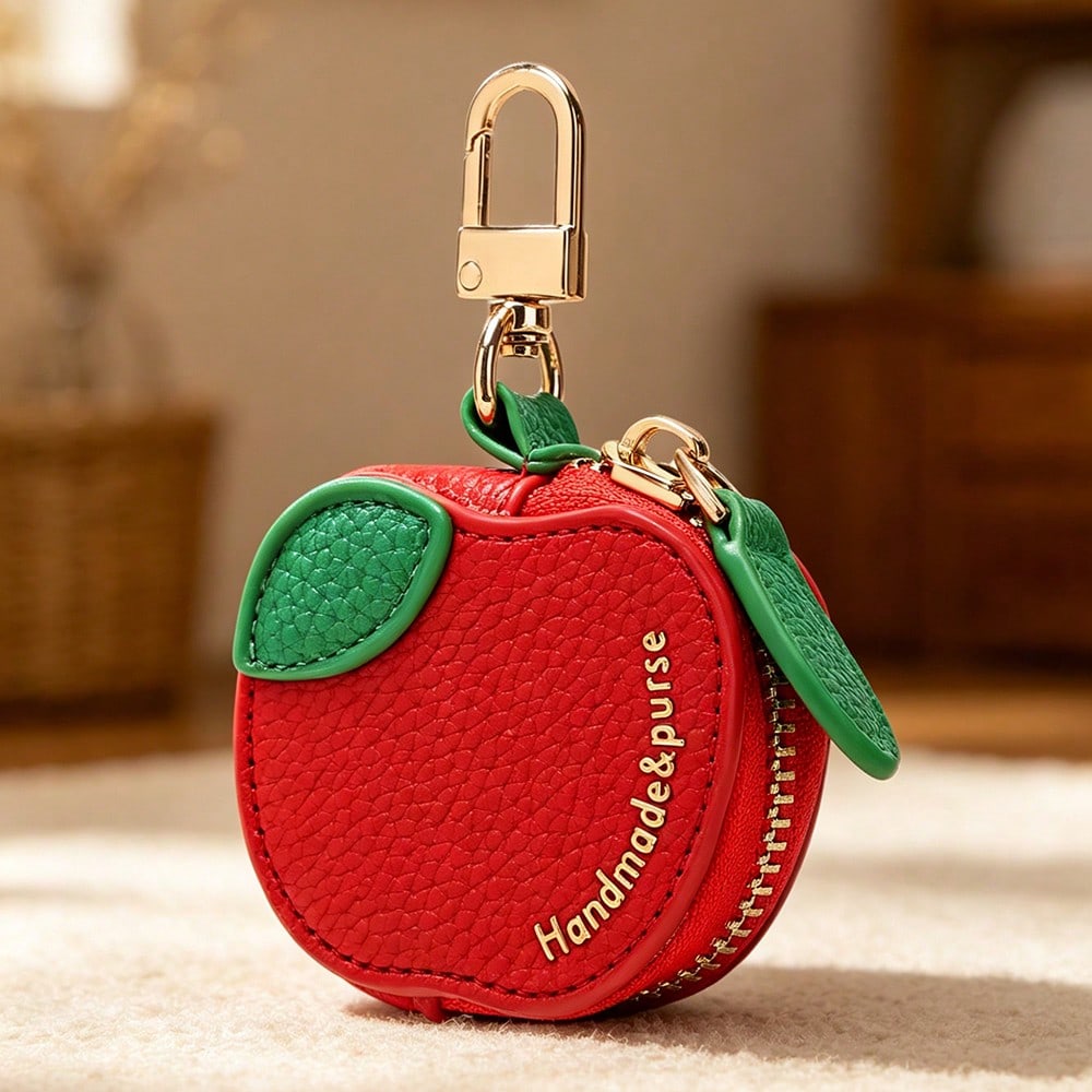 CHARM INFINITE Sweet Red Apple Mini Leather Keychain Bag With Leaf & Gold Embossed Text, Zipper Earphone Coin Storage Cute Handbag Charm For Daily Outfit