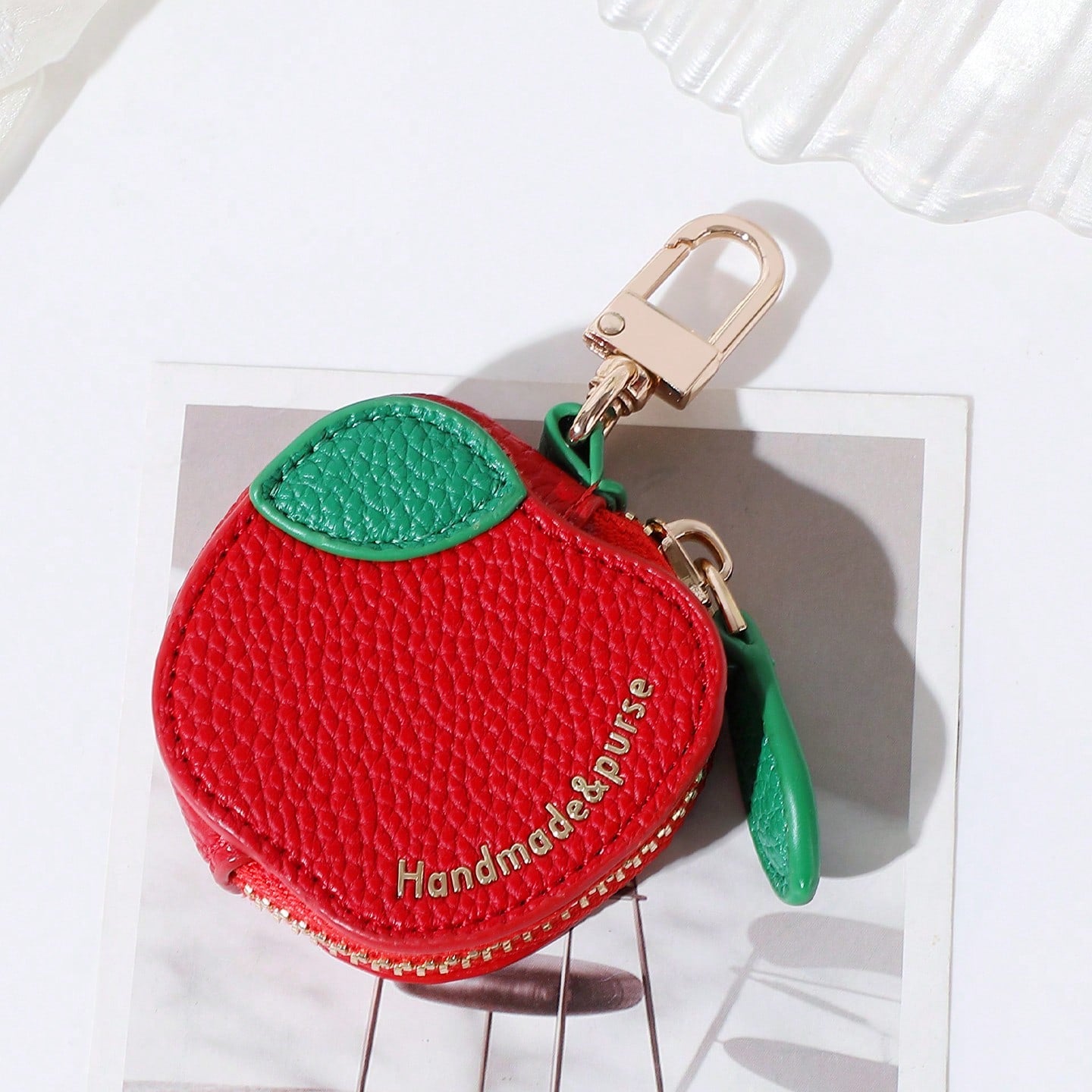 CHARM INFINITE Sweet Red Apple Mini Leather Keychain Bag With Leaf & Gold Embossed Text, Zipper Earphone Coin Storage Cute Handbag Charm For Daily Outfit
