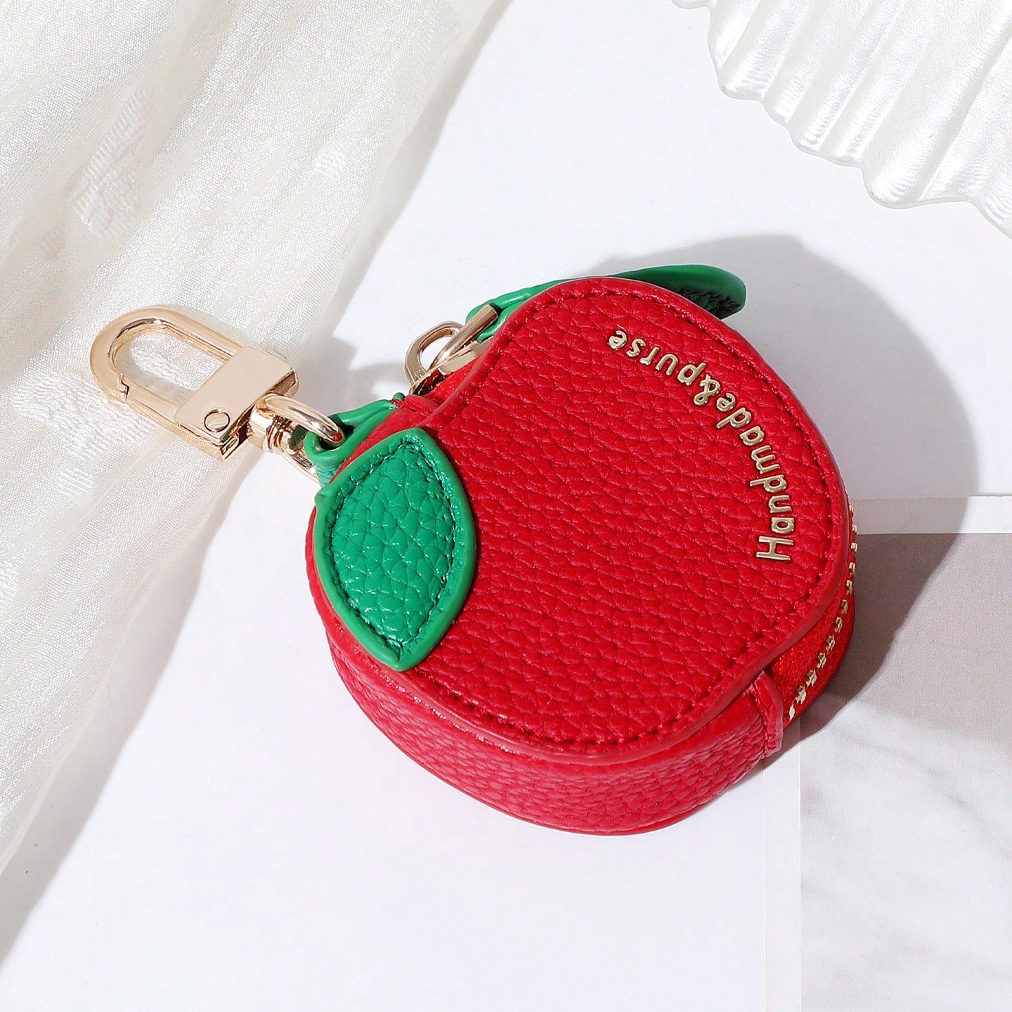 CHARM INFINITE Sweet Red Apple Mini Leather Keychain Bag With Leaf & Gold Embossed Text, Zipper Earphone Coin Storage Cute Handbag Charm For Daily Outfit