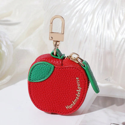 CHARM INFINITE Sweet Red Apple Mini Leather Keychain Bag With Leaf & Gold Embossed Text, Zipper Earphone Coin Storage Cute Handbag Charm For Daily Outfit