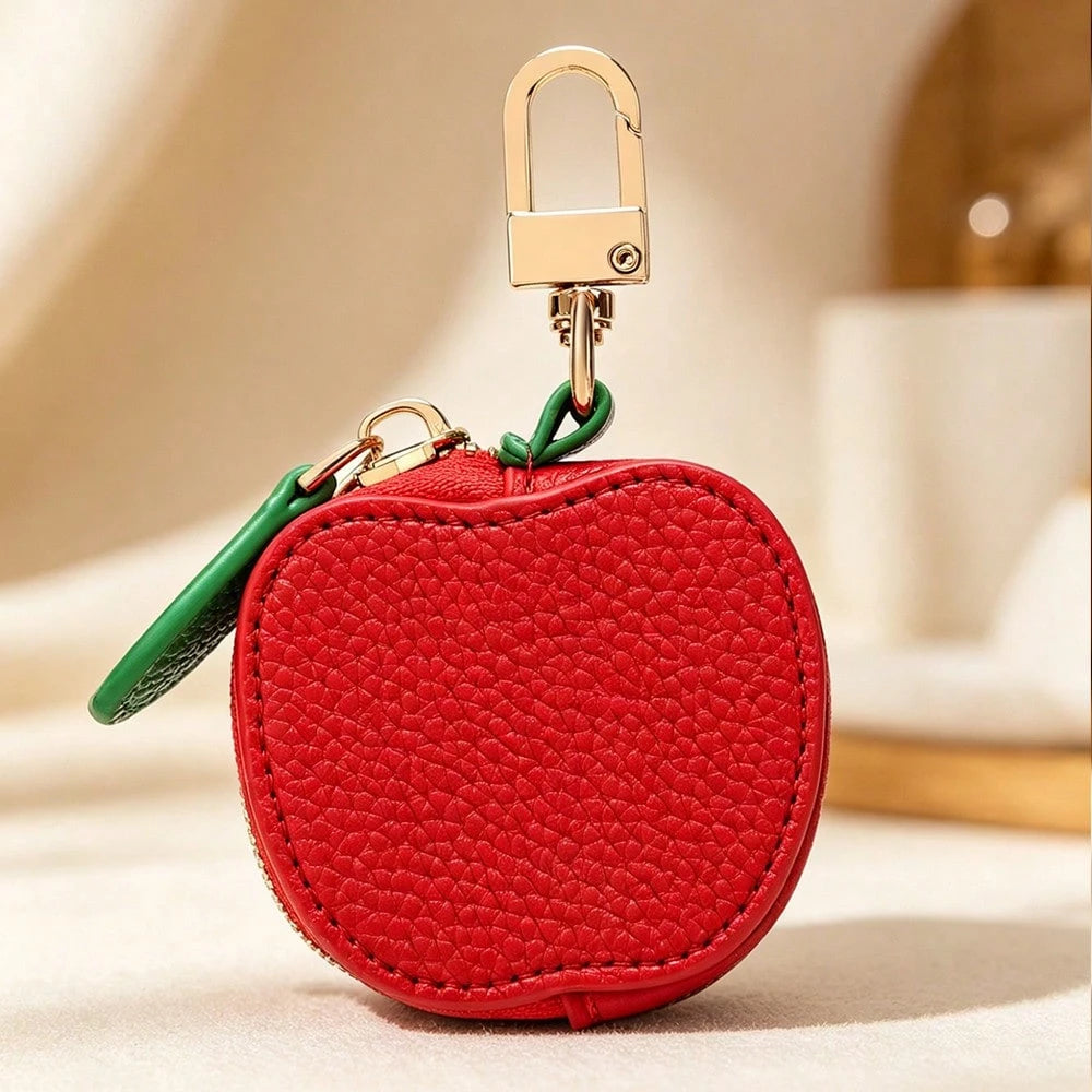 CHARM INFINITE Sweet Red Apple Mini Leather Keychain Bag With Leaf & Gold Embossed Text, Zipper Earphone Coin Storage Cute Handbag Charm For Daily Outfit