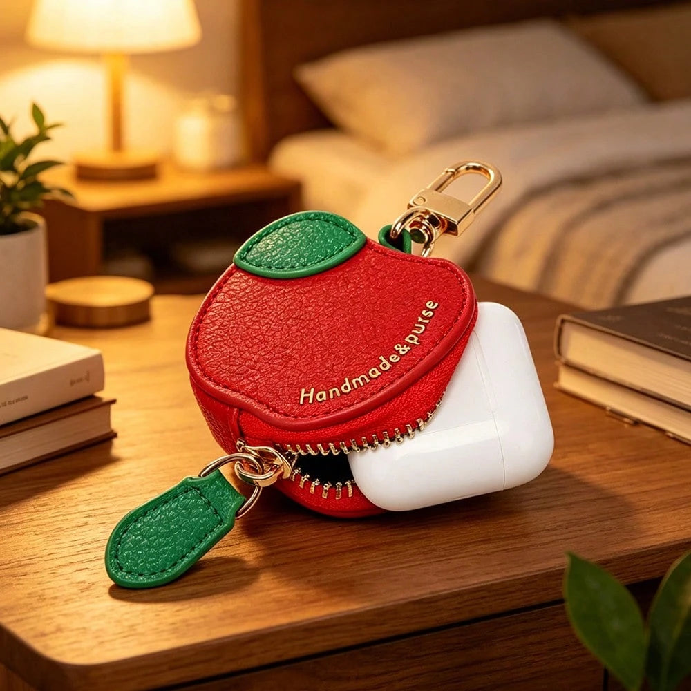 CHARM INFINITE Sweet Red Apple Mini Leather Keychain Bag With Leaf & Gold Embossed Text, Zipper Earphone Coin Storage Cute Handbag Charm For Daily Outfit