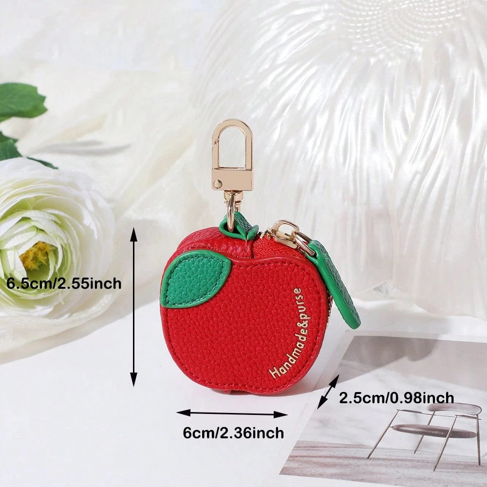 CHARM INFINITE Sweet Red Apple Mini Leather Keychain Bag With Leaf & Gold Embossed Text, Zipper Earphone Coin Storage Cute Handbag Charm For Daily Outfit
