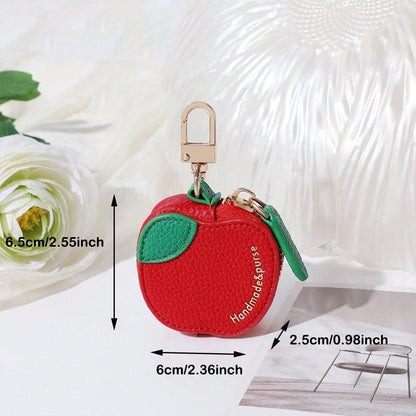 CHARM INFINITE Sweet Red Apple Mini Leather Keychain Bag With Leaf & Gold Embossed Text, Zipper Earphone Coin Storage Cute Handbag Charm For Daily Outfit