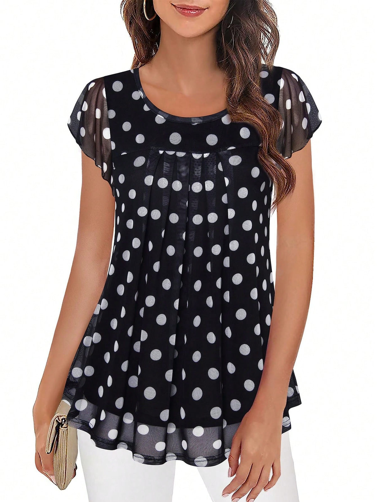 CheersLife Women's Short Sleeve Ruched Mesh Ditsy Floral Blouse Top, Summer Black Polka Dot
